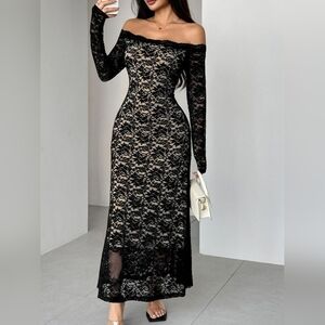Elegant Black Lace Off-Shoulder Maxi Length Dress